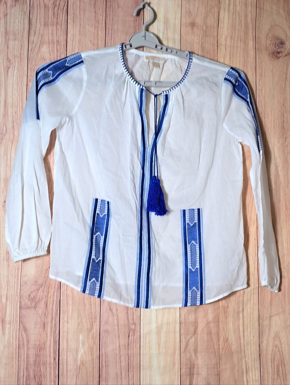 Michael Kors Lightweight White Long-Sleeve Top Blue Embroidery Medium - Picture 5 of 8